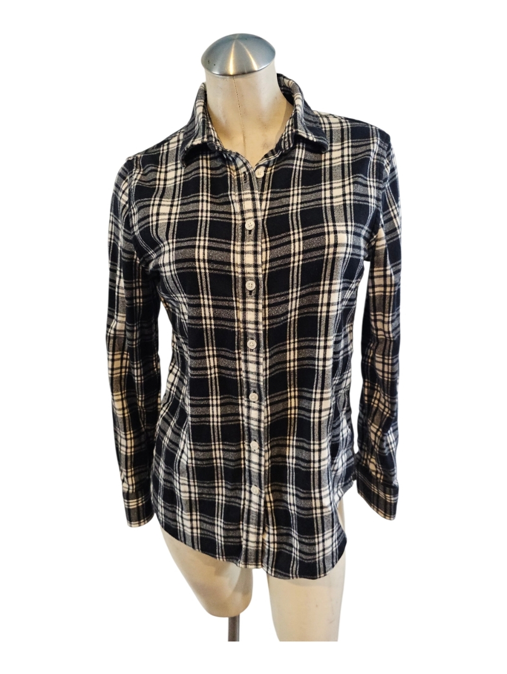 Lands' End Size 6 Black and White Plaid Button-Down Shirt Flannel